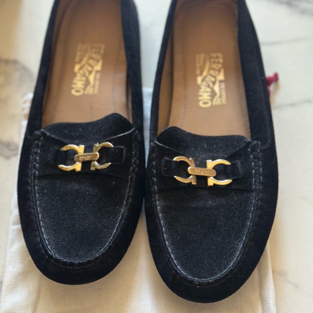 Salvatore Ferragamo Black Velvet Loafers with Gold Accent